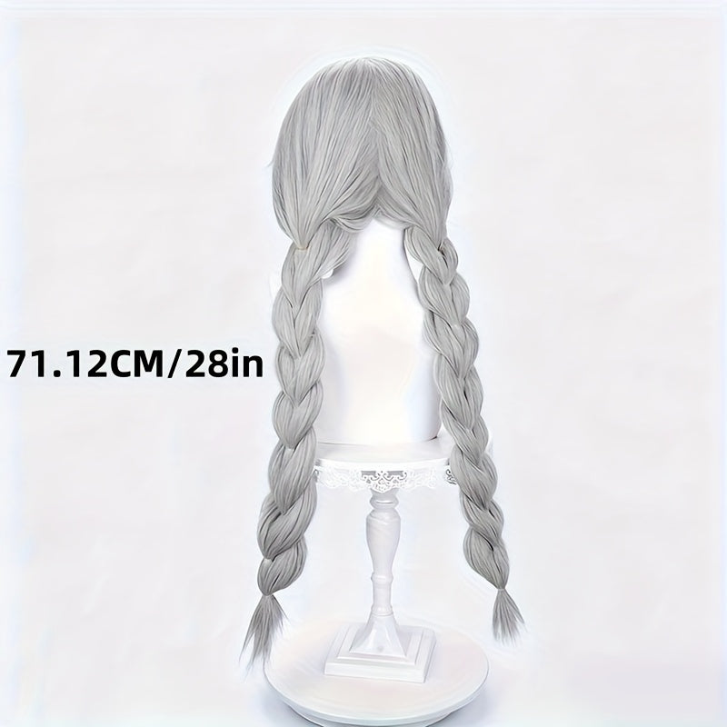 28-inch Cute and Pretty Silvery-Gray Double Braided Wig | Suitable for Daily Dates, Halloween, Christmas, and Party Full Head Cover