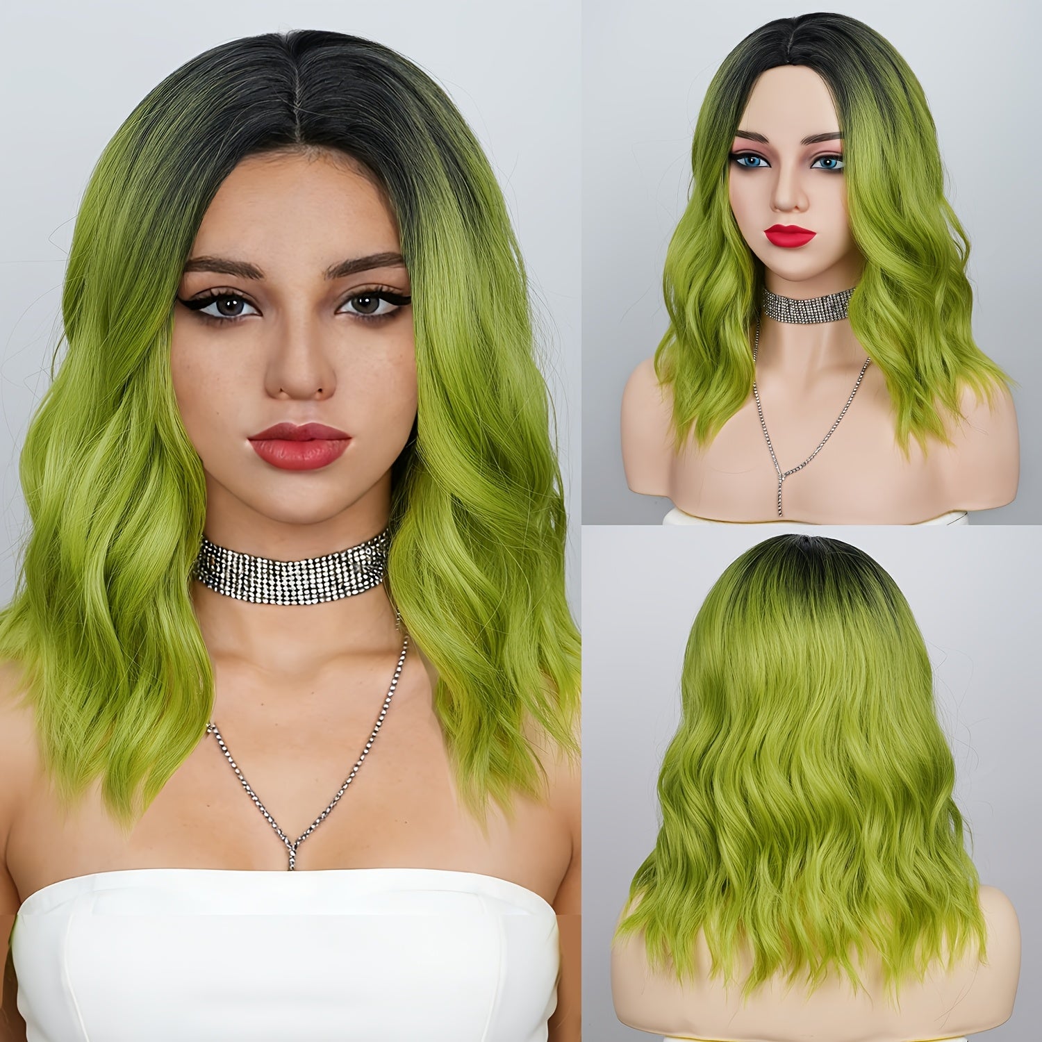 14-Inch Green Wig with Dark Roots, Featuring an Ombre Effect. This Short, Curly, Wavy Wig Has a Middle Part And Is Made from Heat-Resistant Synthetic Hair, Perfect for Daily Wear, Cosplay, Or Parties