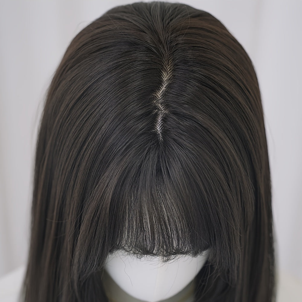 NAMM Shoulder Length Straight Dark Brown Wig for Women | Modest Fashion Wear and Go Black Tea Wigs with Neat Bangs, High Density Synthetic Layered Heat-Resistant Fiber, Fake Hair, Glueless, Cosplay Party Wigs 20Inches