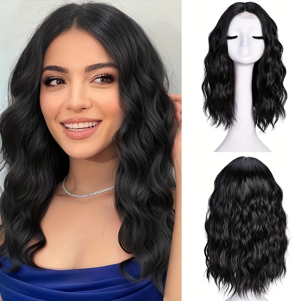18-Inch Black Wavy Bob Wigs for Women with a Middle Part, Made of Synthetic Lace Front for a, Suitable for Everyday And Party Wear