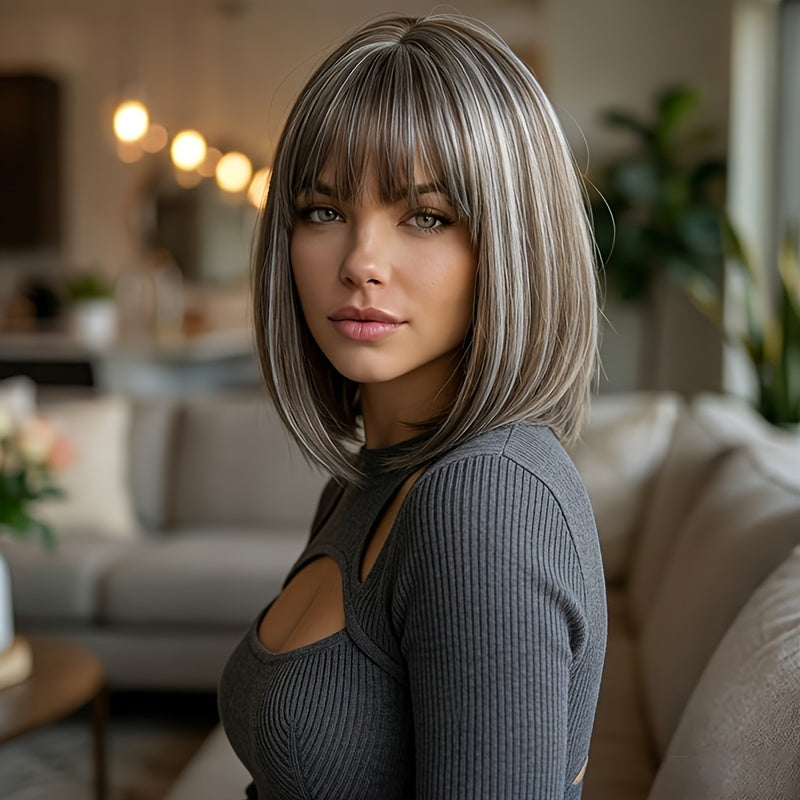 Seamless Integration Birthday Wig | Lightweight and Comfortable, Snug Fit, Brown-Gray-White Bangs, Enhances Complexion and Temperament, Transition, Ideal for Daily Commuting and Dates, High Temperature Fiber Material