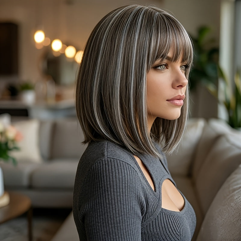 Seamless Integration Birthday Wig | Lightweight and Comfortable, Snug Fit, Brown-Gray-White Bangs, Enhances Complexion and Temperament, Transition, Ideal for Daily Commuting and Dates, High Temperature Fiber Material