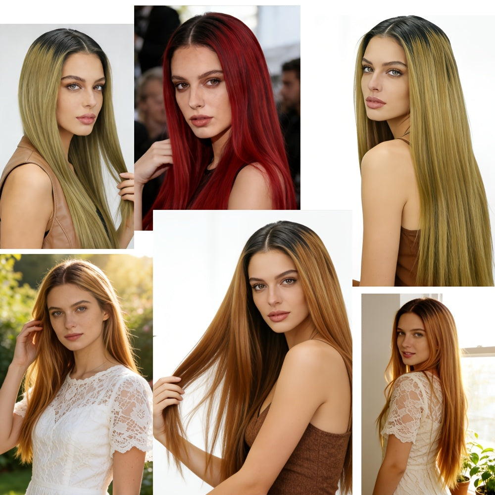 Elegant 22-inch Long Straight Multi-color Gradient Synthetic Lace Wig, with a Natural Gradient Transition in the Middle, Beautiful Appearance, Made of Heat-resistant Fiber, Suitable for Daily Wear and Various Occasions.