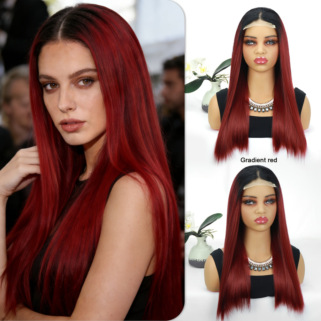 Elegant 22-inch Long Straight Multi-color Gradient Synthetic Lace Wig, with a Natural Gradient Transition in the Middle, Beautiful Appearance, Made of Heat-resistant Fiber, Suitable for Daily Wear and Various Occasions.