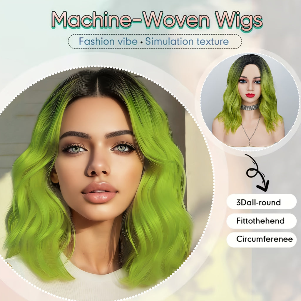 14-Inch Green Wig with Dark Roots, Featuring an Ombre Effect. This Short, Curly, Wavy Wig Has a Middle Part And Is Made from Heat-Resistant Synthetic Hair, Perfect for Daily Wear, Cosplay, Or Parties