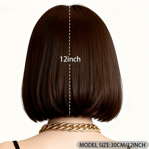 12-Inch Deep Brown Bob Wig for Women, Short Bangs Made of High-Temperature Fiber, Breathable And Fluffy for Daily Use, Parties, Or Halloween. Perfect for a Small Face, Cosplay, And Retro Japanese Styling