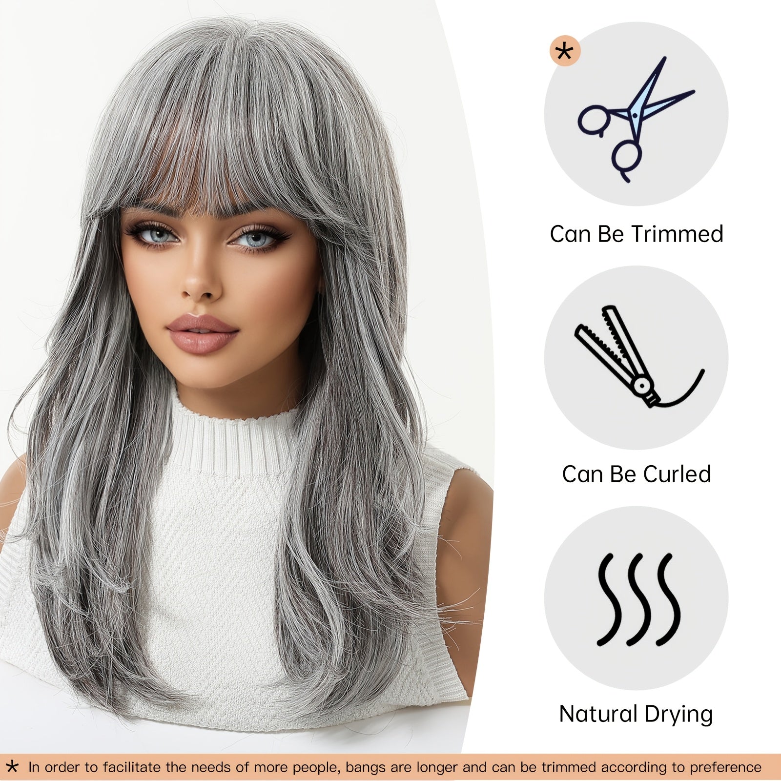 18 Inch Women's Gray Blue Air Bangs Collarbone High-level Synthetic High-temperature Full Head Wig, with A Noble Temperament Suitable for Daily Activities Such As Work And School, Makeup And Makeup, Gatherings, Music Festivals, Etc