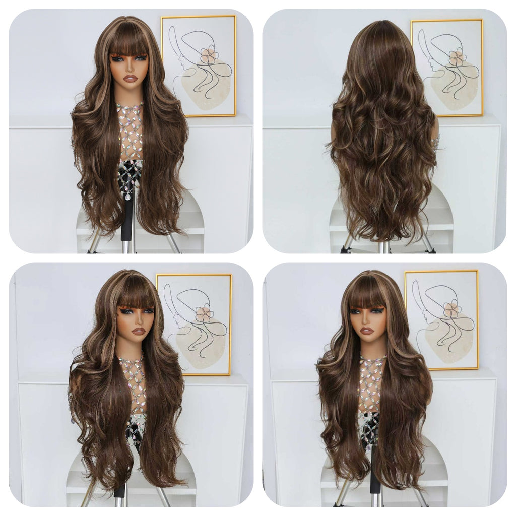 30 Inch Ladies Elegant Gradient Brown Wig Long Wavy Curly Hair Wigs with Bangs for Women Synthetic Fiber Hair Replacement Wigs for Daily Party Use Suitable for Traveling, Party Gathering, Easter, Mother's Day And Christmas Gift And So On, Travel Hair