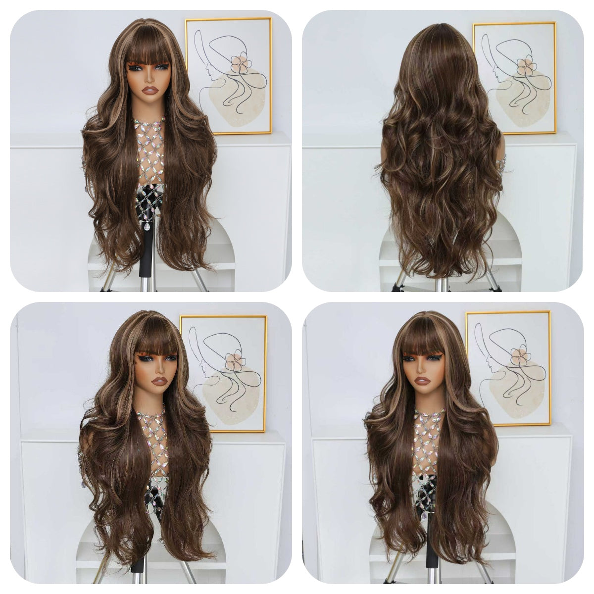 30 Inch Ladies Elegant Gradient Brown Wig Long Wavy Curly Hair Wigs with Bangs for Women Synthetic Fiber Hair Replacement Wigs for Daily Party Use Suitable for Traveling, Party Gathering, Easter, Mother's Day And Christmas Gift And So On, Travel Hair