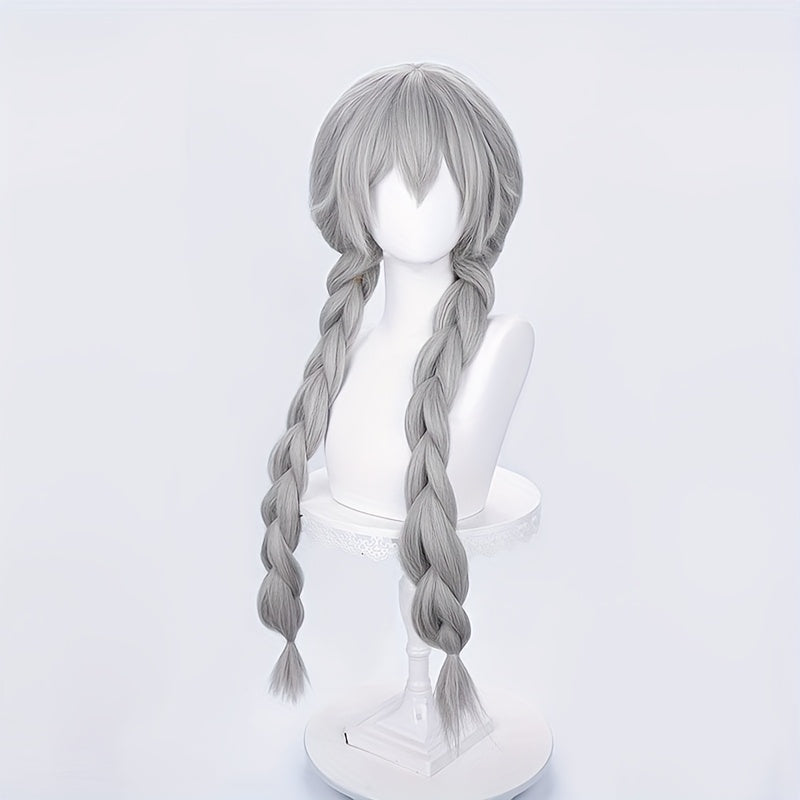 28-inch Cute and Pretty Silvery-Gray Double Braided Wig | Suitable for Daily Dates, Halloween, Christmas, and Party Full Head Cover
