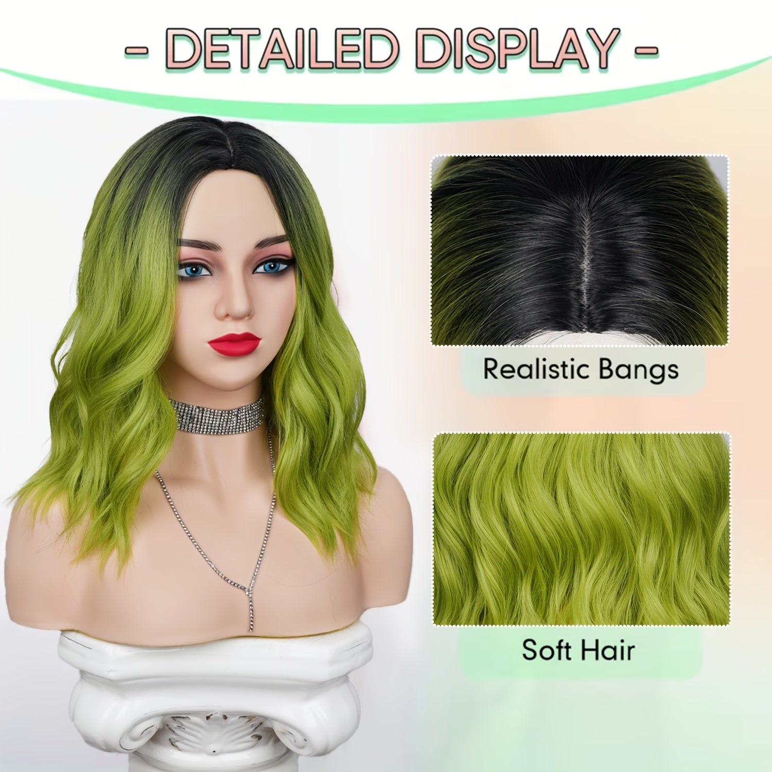 14-Inch Green Wig with Dark Roots, Featuring an Ombre Effect. This Short, Curly, Wavy Wig Has a Middle Part And Is Made from Heat-Resistant Synthetic Hair, Perfect for Daily Wear, Cosplay, Or Parties