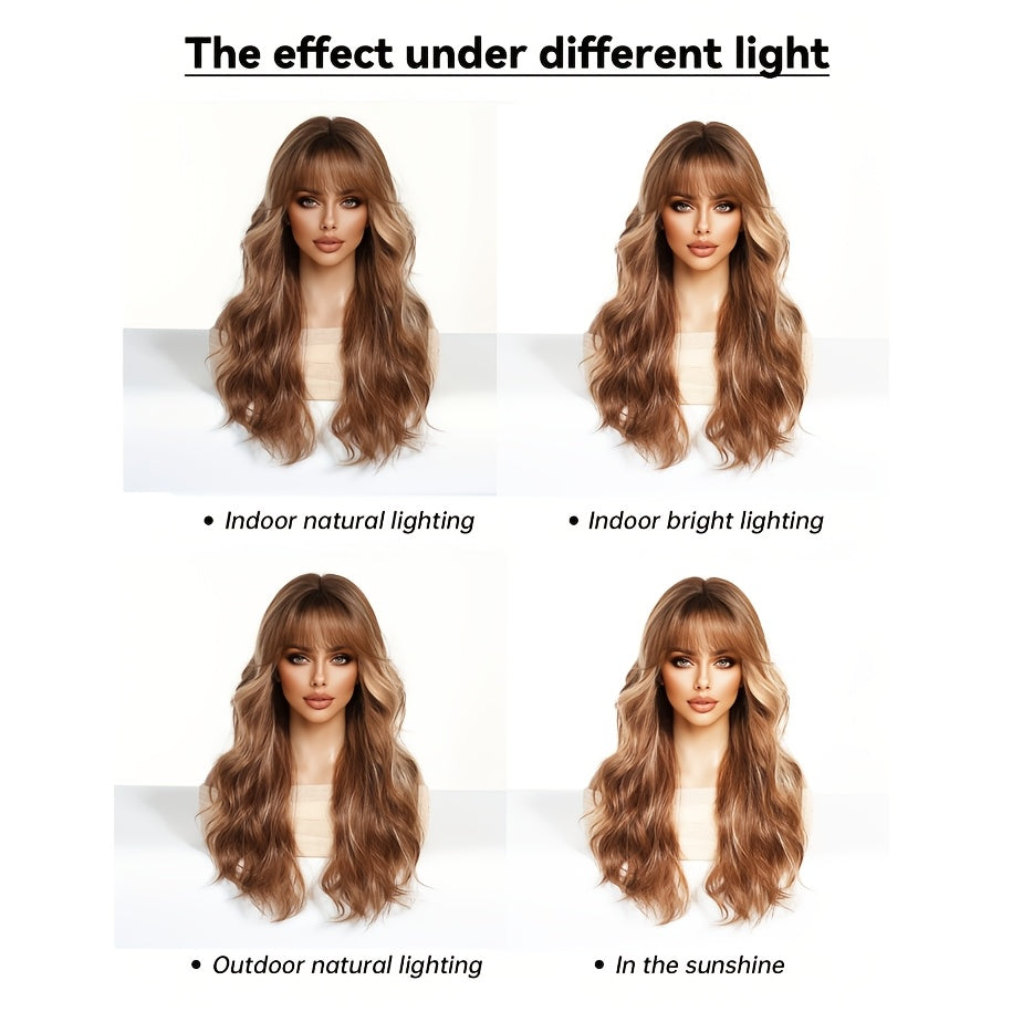 Long Brown Highlight Wavy Bob Wave Wig with Bangs - Beginner Friendly, Women's Fashionable Elegant Style, High Temperature Synthetic Fiber, for Woman Daily, Party, Work, Vacation, Valentine's Day, Carnivals, Cosplay, Music Festivals