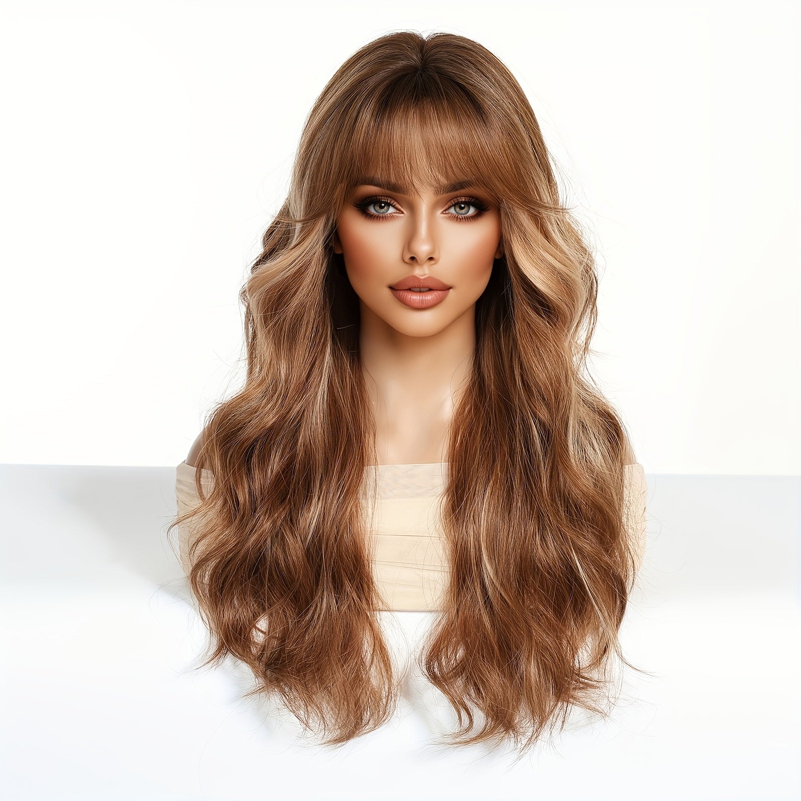 Long Brown Highlight Wavy Bob Wave Wig with Bangs - Beginner Friendly, Women's Fashionable Elegant Style, High Temperature Synthetic Fiber, for Woman Daily, Party, Work, Vacation, Valentine's Day, Carnivals, Cosplay, Music Festivals