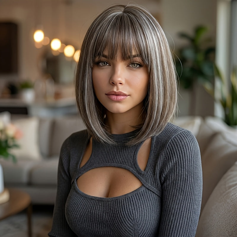 Seamless Integration Birthday Wig | Lightweight and Comfortable, Snug Fit, Brown-Gray-White Bangs, Enhances Complexion and Temperament, Transition, Ideal for Daily Commuting and Dates, High Temperature Fiber Material
