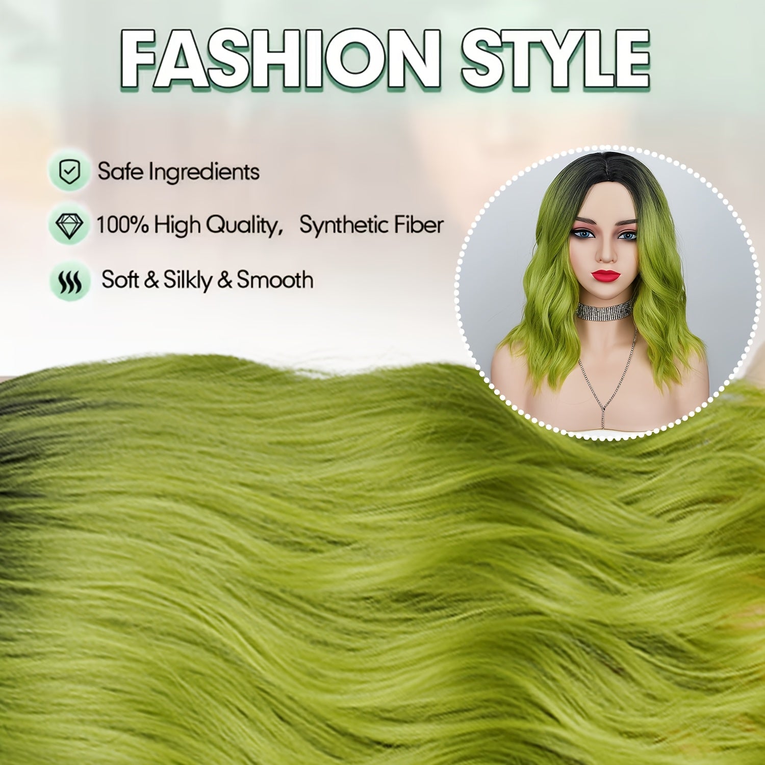 14-Inch Green Wig with Dark Roots, Featuring an Ombre Effect. This Short, Curly, Wavy Wig Has a Middle Part And Is Made from Heat-Resistant Synthetic Hair, Perfect for Daily Wear, Cosplay, Or Parties