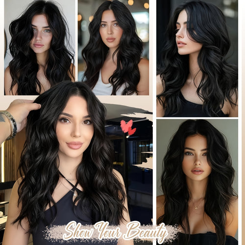 18-Inch Black Wavy Bob Wigs for Women with a Middle Part, Made of Synthetic Lace Front for a, Suitable for Everyday And Party Wear