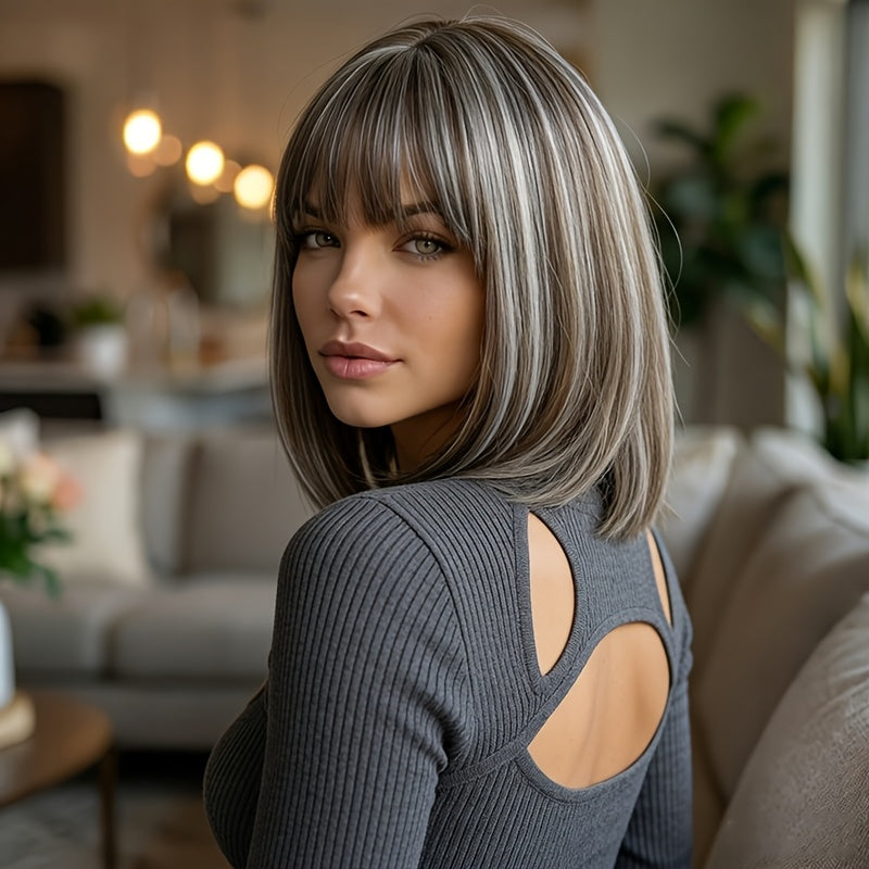 Seamless Integration Birthday Wig | Lightweight and Comfortable, Snug Fit, Brown-Gray-White Bangs, Enhances Complexion and Temperament, Transition, Ideal for Daily Commuting and Dates, High Temperature Fiber Material