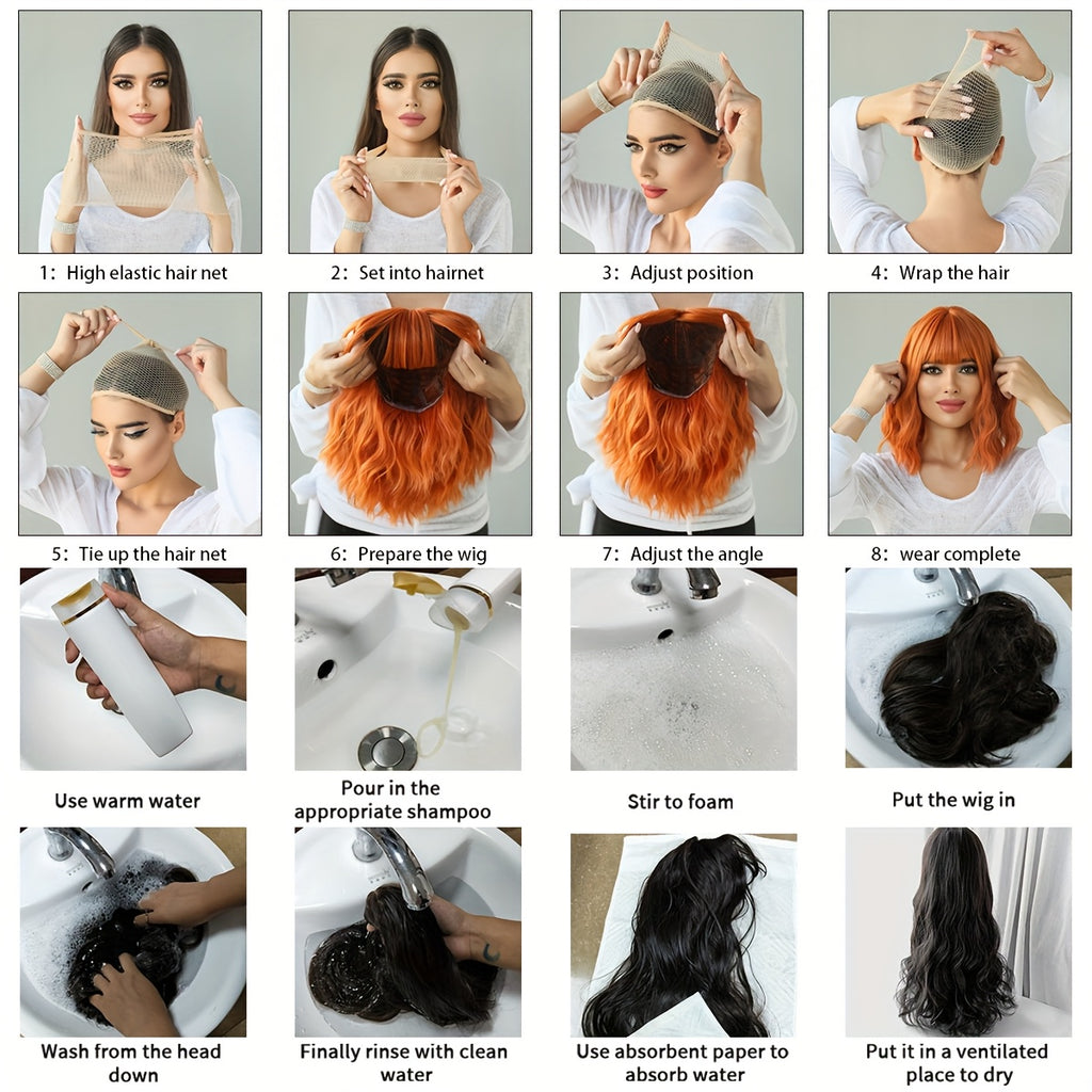 NAMM Short Water Wave Golden Brown Wig for Women Modest Fashion Middle Part Wear and Go Copper Wigs with Dark Roots High Density Synthetic Heat-Resistant Fiber Fake Hair Wear Beginners Glueless Wig Cosplay Party Wigs 12Inches