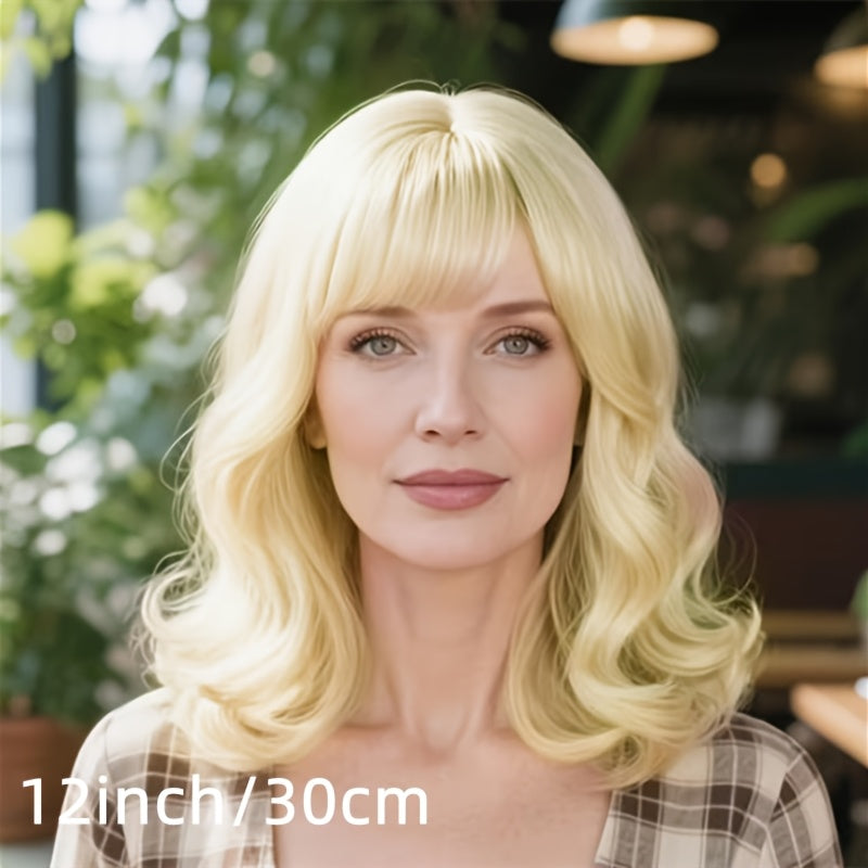 Perfect for Mid-life Commuters! 12-inch Bright Yellow Short Wavy Curls with Lively-toned Eyebrow-length Bangs. Pairs Well with a Knitted Cardigan for a Gentle Look, Effortless for Workday Styling