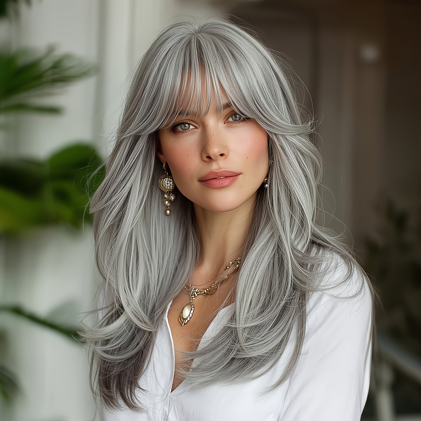 18 Inch Women's Gray Blue Air Bangs Collarbone High-level Synthetic High-temperature Full Head Wig, with A Noble Temperament Suitable for Daily Activities Such As Work And School, Makeup And Makeup, Gatherings, Music Festivals, Etc