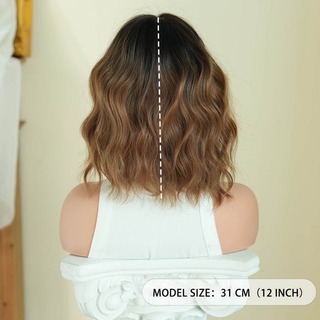 NAMM Short Water Wave Golden Brown Wig for Women Modest Fashion Middle Part Wear and Go Copper Wigs with Dark Roots High Density Synthetic Heat-Resistant Fiber Fake Hair Wear Beginners Glueless Wig Cosplay Party Wigs 12Inches