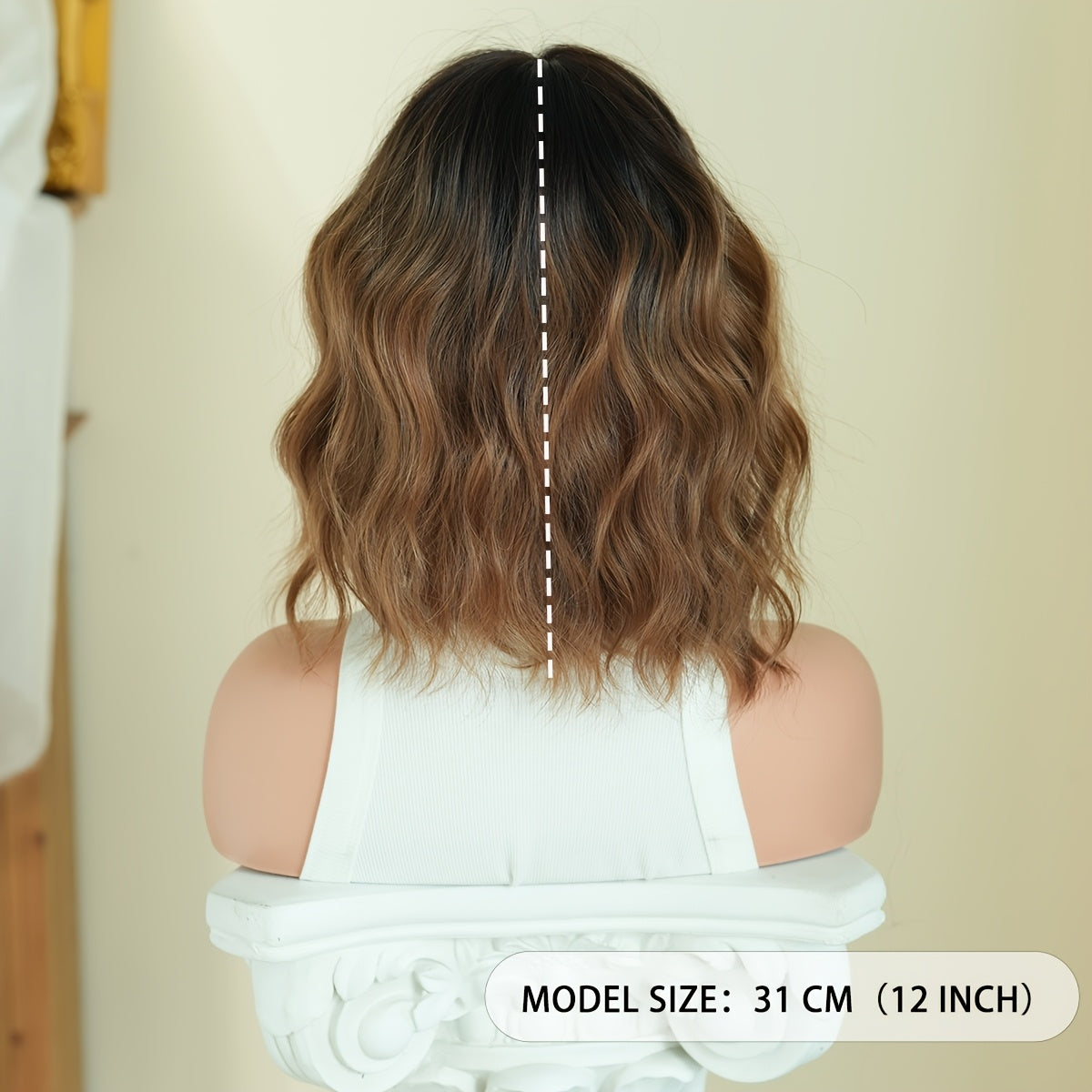 NAMM Short Water Wave Golden Brown Wig for Women Modest Fashion Middle Part Wear and Go Copper Wigs with Dark Roots High Density Synthetic Heat-Resistant Fiber Fake Hair Wear Beginners Glueless Wig Cosplay Party Wigs 12Inches