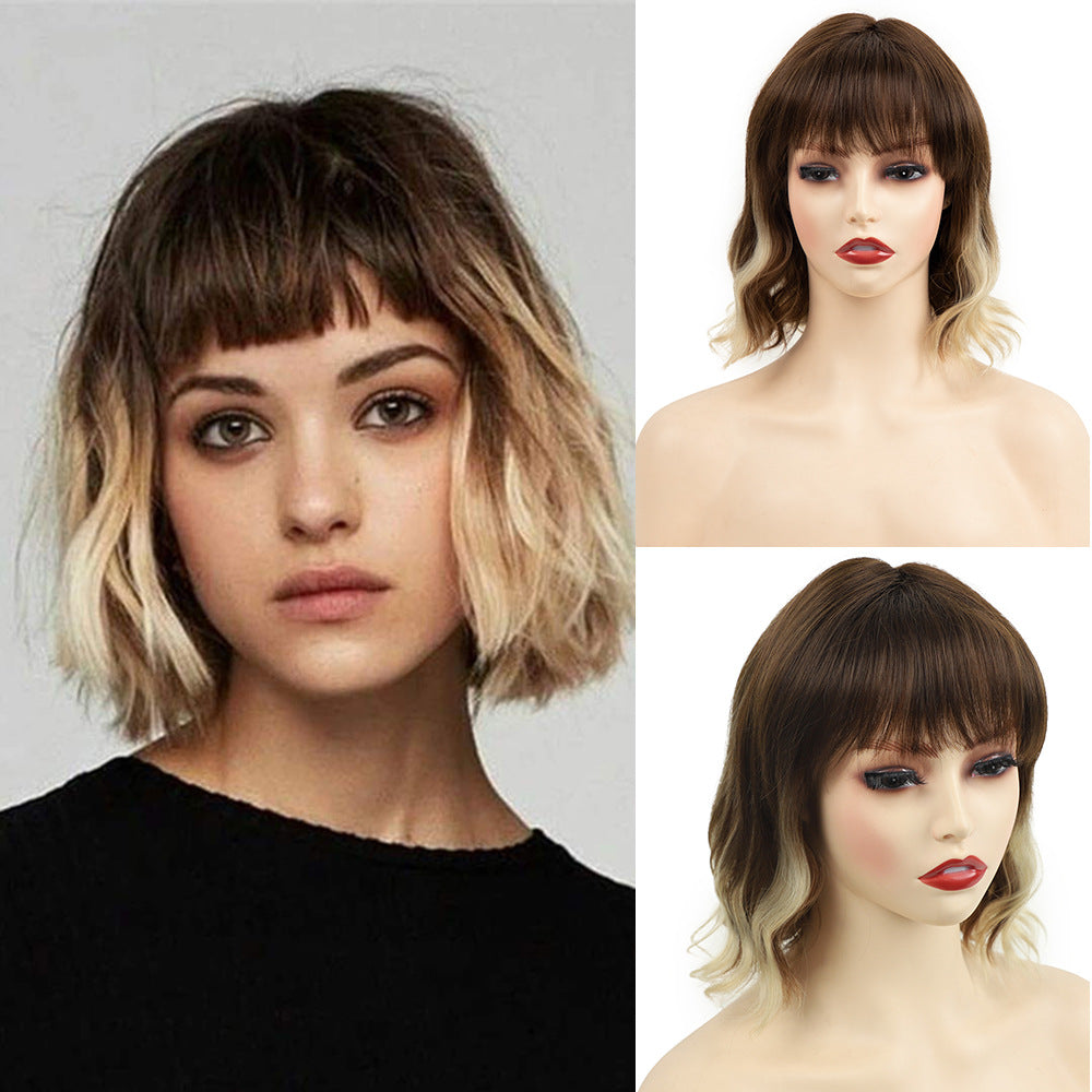 European Beautiful Woman Water Ripple Short Curly Hair with Bangs | Brown Gradual Change Chemical Fiber Wig Headgear, High Temperature Material, Universal Size