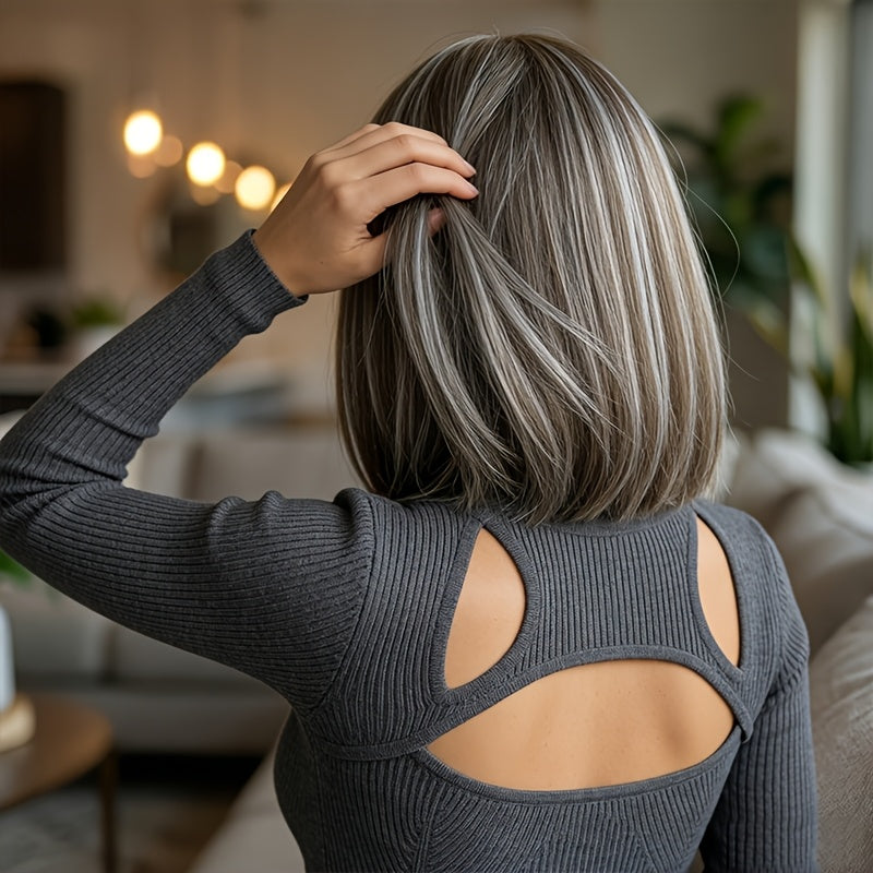 Seamless Integration Birthday Wig | Lightweight and Comfortable, Snug Fit, Brown-Gray-White Bangs, Enhances Complexion and Temperament, Transition, Ideal for Daily Commuting and Dates, High Temperature Fiber Material