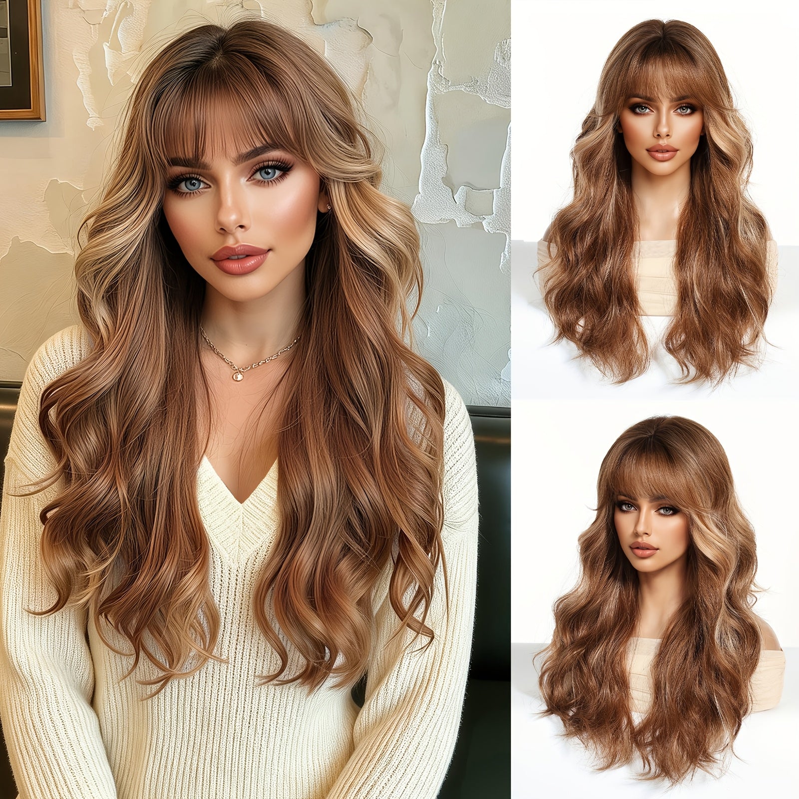 Long Brown Highlight Wavy Bob Wave Wig with Bangs - Beginner Friendly, Women's Fashionable Elegant Style, High Temperature Synthetic Fiber, for Woman Daily, Party, Work, Vacation, Valentine's Day, Carnivals, Cosplay, Music Festivals