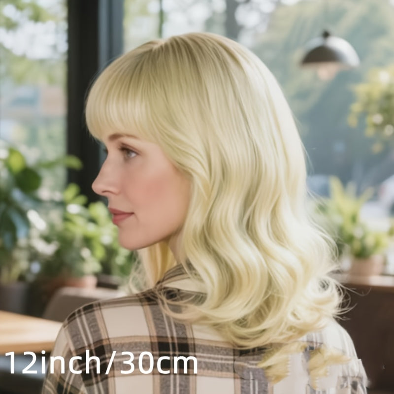 Perfect for Mid-life Commuters! 12-inch Bright Yellow Short Wavy Curls with Lively-toned Eyebrow-length Bangs. Pairs Well with a Knitted Cardigan for a Gentle Look, Effortless for Workday Styling