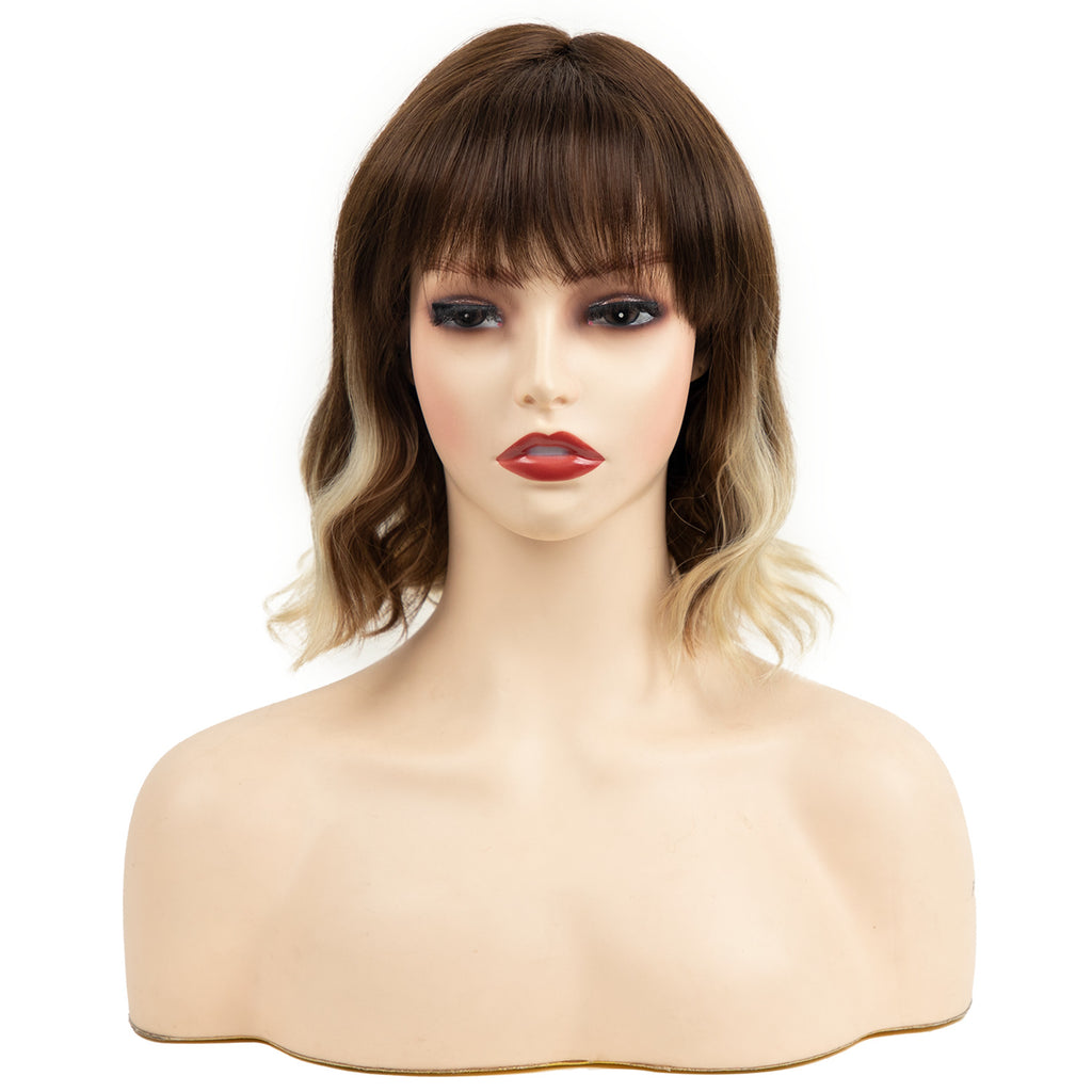 European Beautiful Woman Water Ripple Short Curly Hair with Bangs | Brown Gradual Change Chemical Fiber Wig Headgear, High Temperature Material, Universal Size