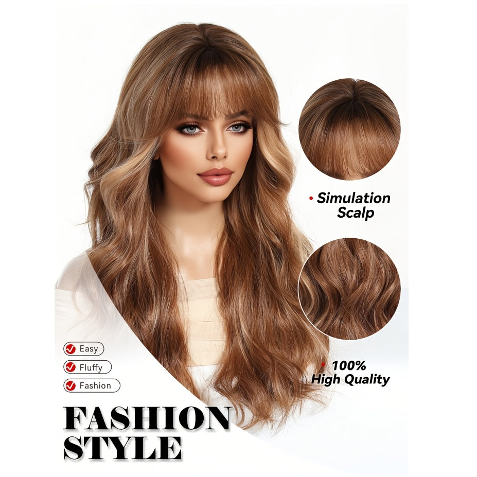Long Brown Highlight Wavy Bob Wave Wig with Bangs - Beginner Friendly, Women's Fashionable Elegant Style, High Temperature Synthetic Fiber, for Woman Daily, Party, Work, Vacation, Valentine's Day, Carnivals, Cosplay, Music Festivals