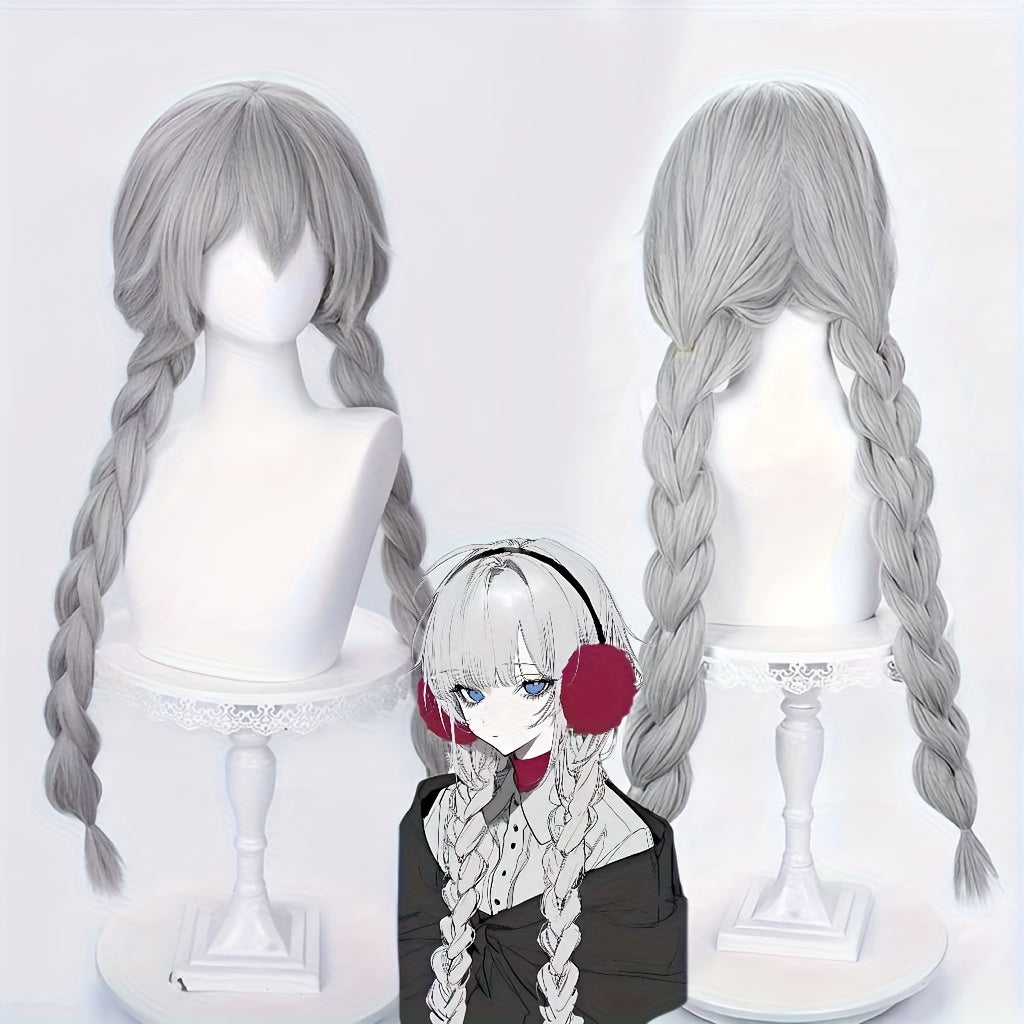 28-inch Cute and Pretty Silvery-Gray Double Braided Wig | Suitable for Daily Dates, Halloween, Christmas, and Party Full Head Cover