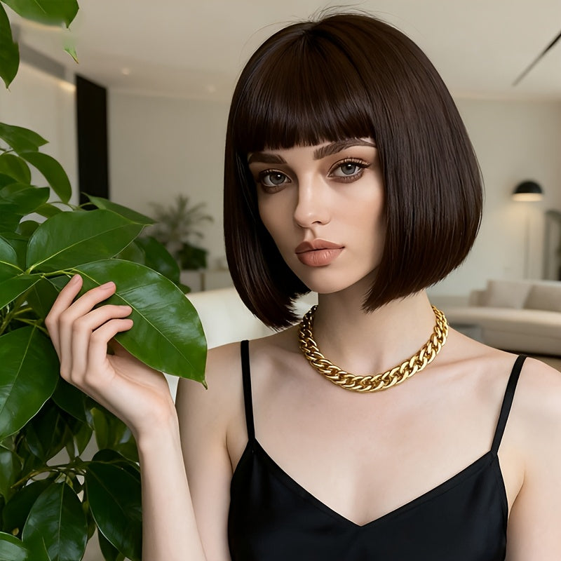 12-Inch Deep Brown Bob Wig for Women, Short Bangs Made of High-Temperature Fiber, Breathable And Fluffy for Daily Use, Parties, Or Halloween. Perfect for a Small Face, Cosplay, And Retro Japanese Styling
