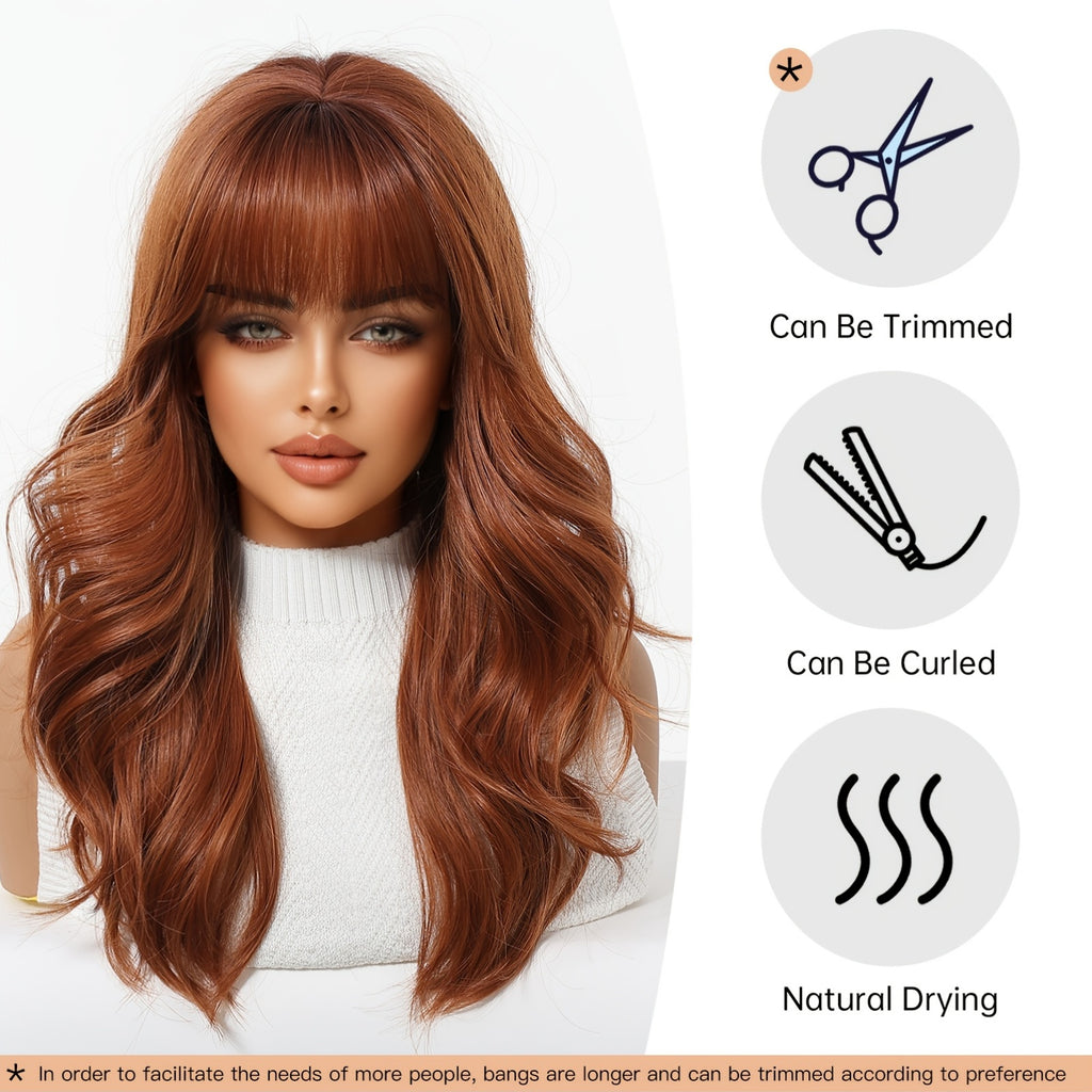 20-inch Women'S Dirty Orange Air Curtain Long Curly Synthetic High-Temperature Fiber Rose Net Full Head Wig | Deep Wave, Playful and Suitable for Work, School, Makeup, and Cosplay, Beginner-Friendly