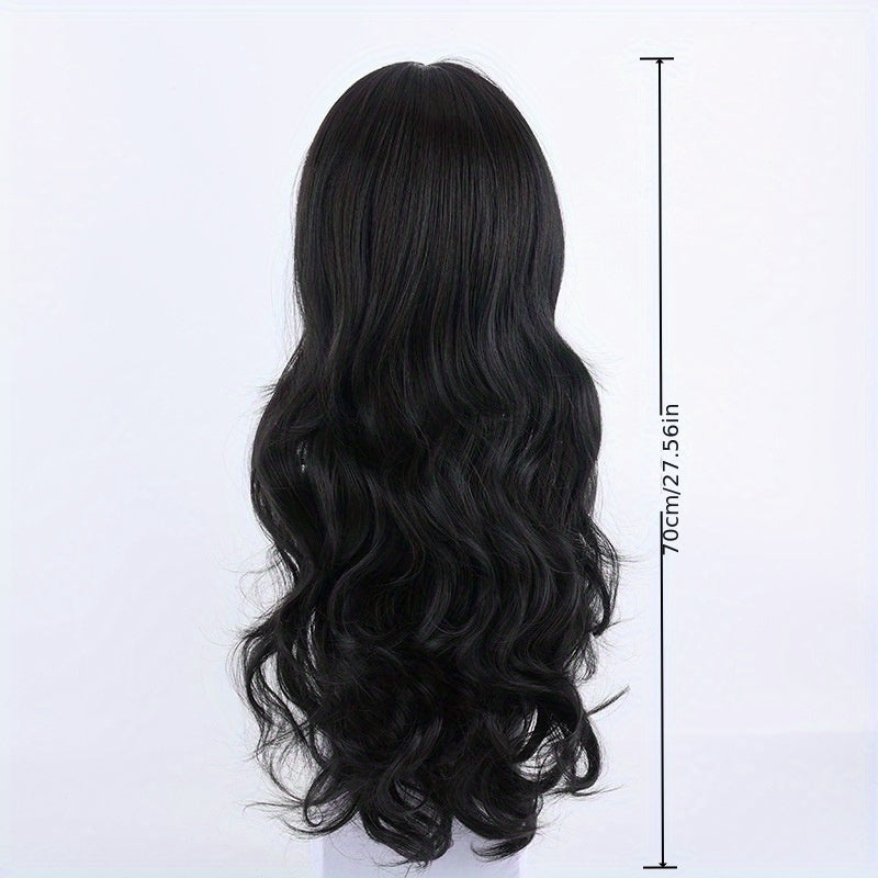 28-inch Black Wavy Long Curly Wig with Bangs, Elegant and Fashionable, Natural Looking, Suitable for Daily Wear, Parties, Festivals, Christmas, Halloween, Carnival, Music Parties, etc. A Beautiful Women's Wig