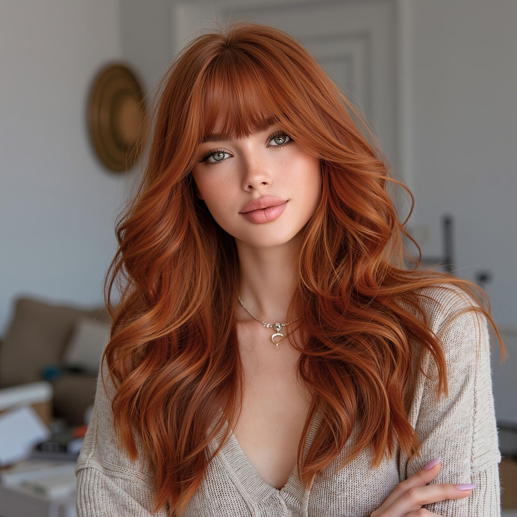 20-inch Women'S Dirty Orange Air Curtain Long Curly Synthetic High-Temperature Fiber Rose Net Full Head Wig | Deep Wave, Playful and Suitable for Work, School, Makeup, and Cosplay, Beginner-Friendly