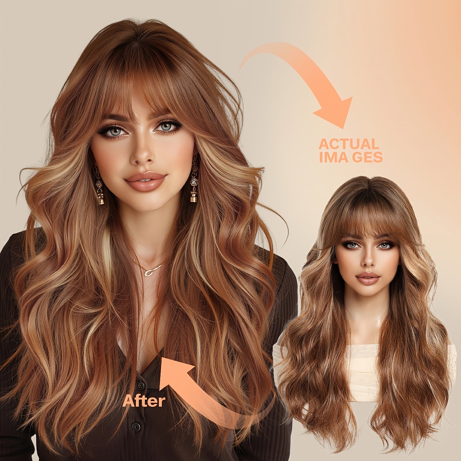 Long Brown Highlight Wavy Bob Wave Wig with Bangs - Beginner Friendly, Women's Fashionable Elegant Style, High Temperature Synthetic Fiber, for Woman Daily, Party, Work, Vacation, Valentine's Day, Carnivals, Cosplay, Music Festivals