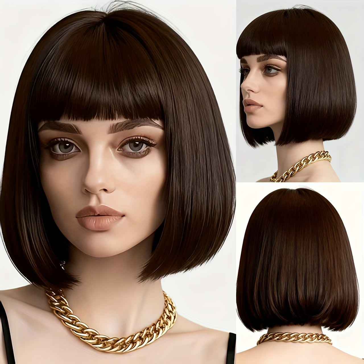 12-Inch Deep Brown Bob Wig for Women, Short Bangs Made of High-Temperature Fiber, Breathable And Fluffy for Daily Use, Parties, Or Halloween. Perfect for a Small Face, Cosplay, And Retro Japanese Styling