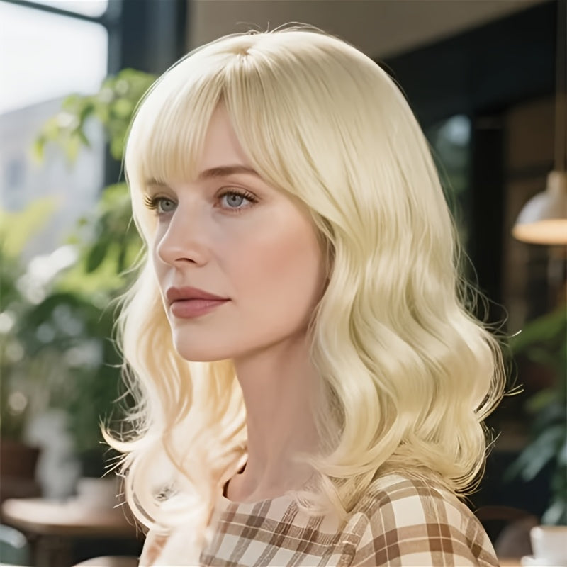 Perfect for Mid-life Commuters! 12-inch Bright Yellow Short Wavy Curls with Lively-toned Eyebrow-length Bangs. Pairs Well with a Knitted Cardigan for a Gentle Look, Effortless for Workday Styling