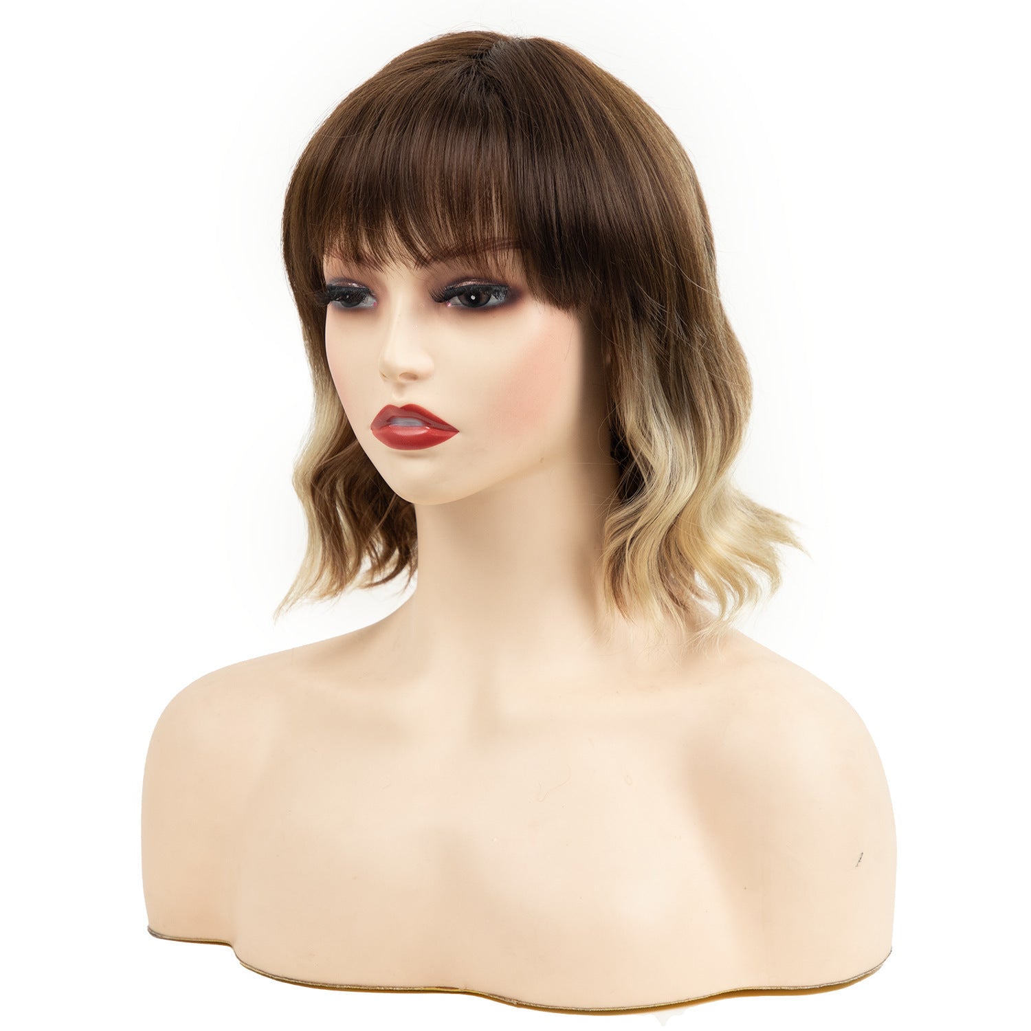 European Beautiful Woman Water Ripple Short Curly Hair with Bangs | Brown Gradual Change Chemical Fiber Wig Headgear, High Temperature Material, Universal Size