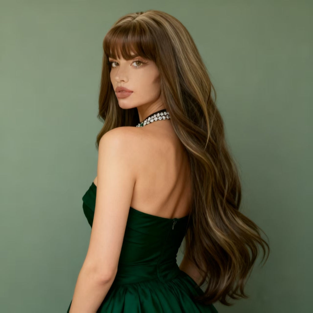 30 Inch Ladies Elegant Gradient Brown Wig Long Wavy Curly Hair Wigs with Bangs for Women Synthetic Fiber Hair Replacement Wigs for Daily Party Use Suitable for Traveling, Party Gathering, Easter, Mother's Day And Christmas Gift And So On, Travel Hair