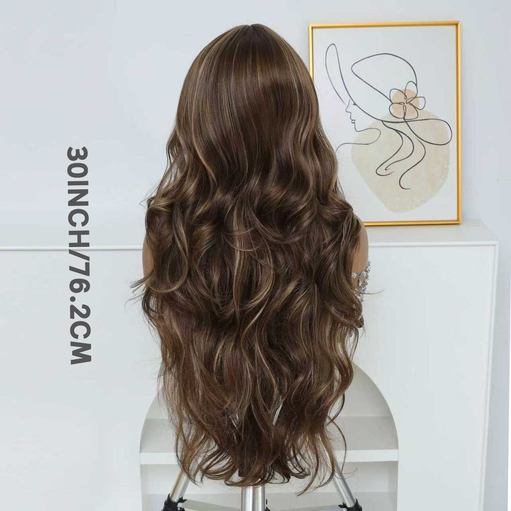 30 Inch Ladies Elegant Gradient Brown Wig Long Wavy Curly Hair Wigs with Bangs for Women Synthetic Fiber Hair Replacement Wigs for Daily Party Use Suitable for Traveling, Party Gathering, Easter, Mother's Day And Christmas Gift And So On, Travel Hair