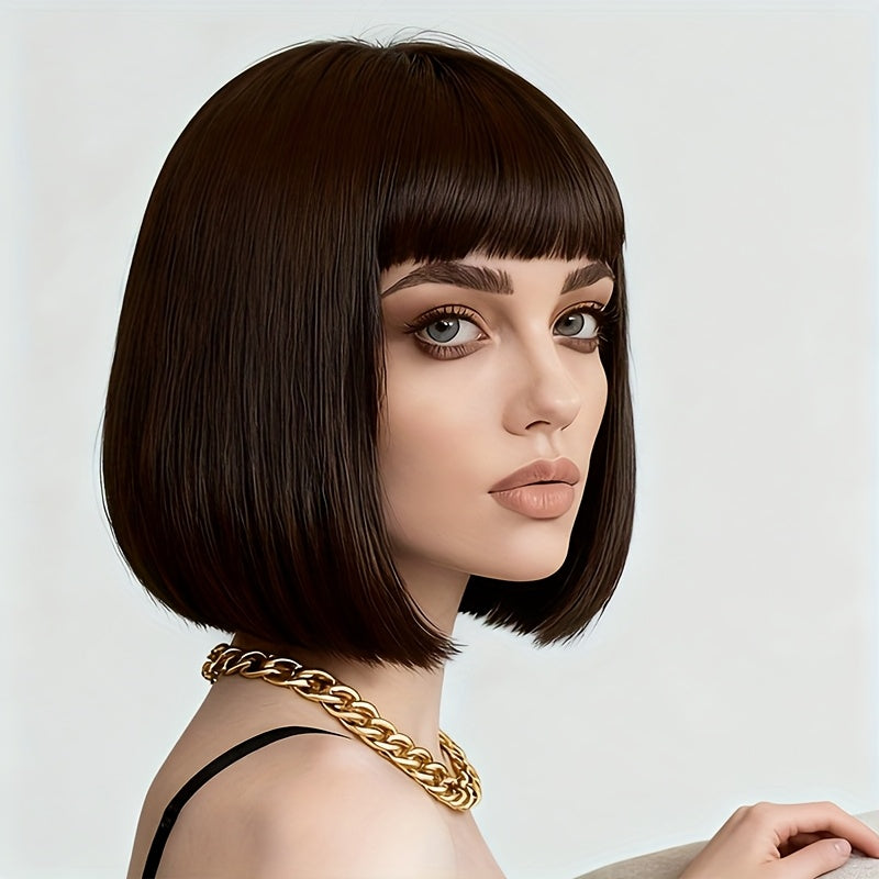 12-Inch Deep Brown Bob Wig for Women, Short Bangs Made of High-Temperature Fiber, Breathable And Fluffy for Daily Use, Parties, Or Halloween. Perfect for a Small Face, Cosplay, And Retro Japanese Styling