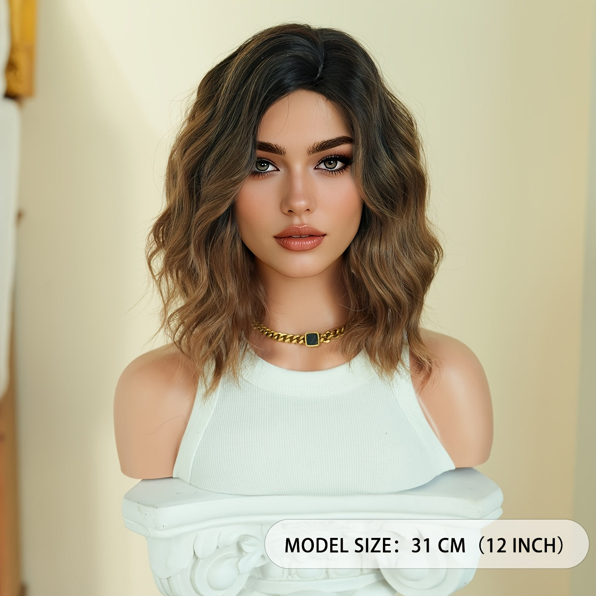 NAMM Short Water Wave Golden Brown Wig for Women Modest Fashion Middle Part Wear and Go Copper Wigs with Dark Roots High Density Synthetic Heat-Resistant Fiber Fake Hair Wear Beginners Glueless Wig Cosplay Party Wigs 12Inches