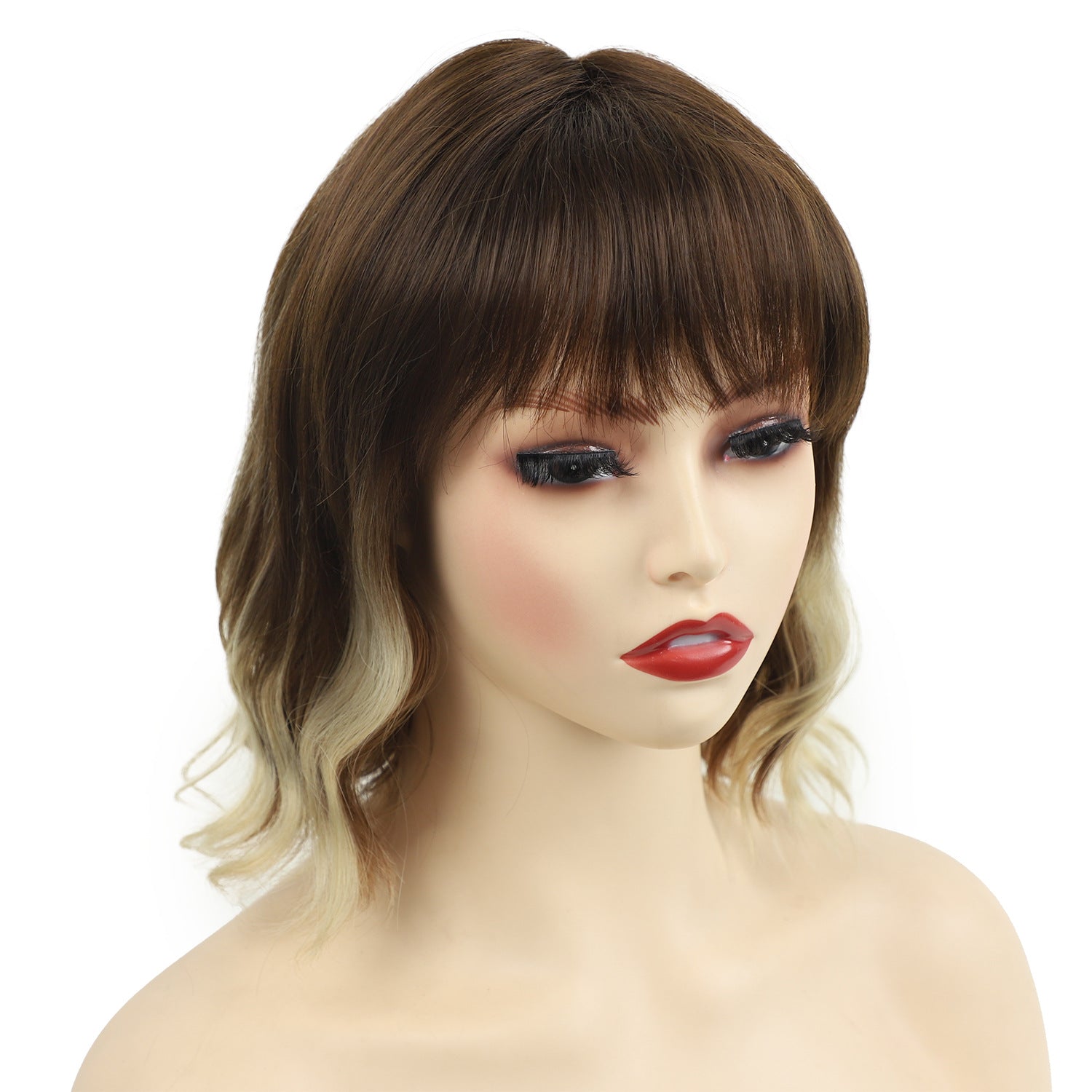 European Beautiful Woman Water Ripple Short Curly Hair with Bangs | Brown Gradual Change Chemical Fiber Wig Headgear, High Temperature Material, Universal Size