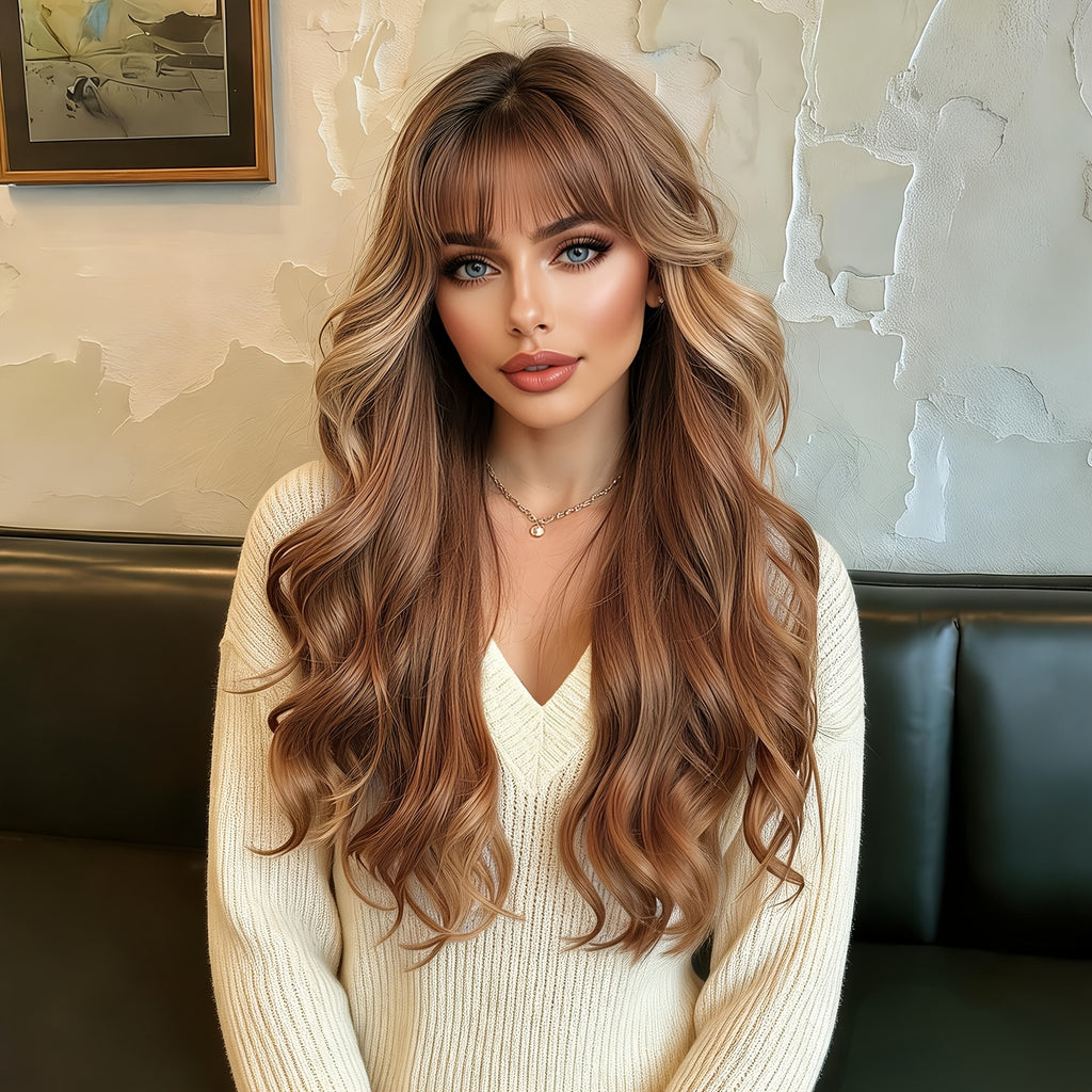 Long Brown Highlight Wavy Bob Wave Wig with Bangs - Beginner Friendly, Women's Fashionable Elegant Style, High Temperature Synthetic Fiber, for Woman Daily, Party, Work, Vacation, Valentine's Day, Carnivals, Cosplay, Music Festivals