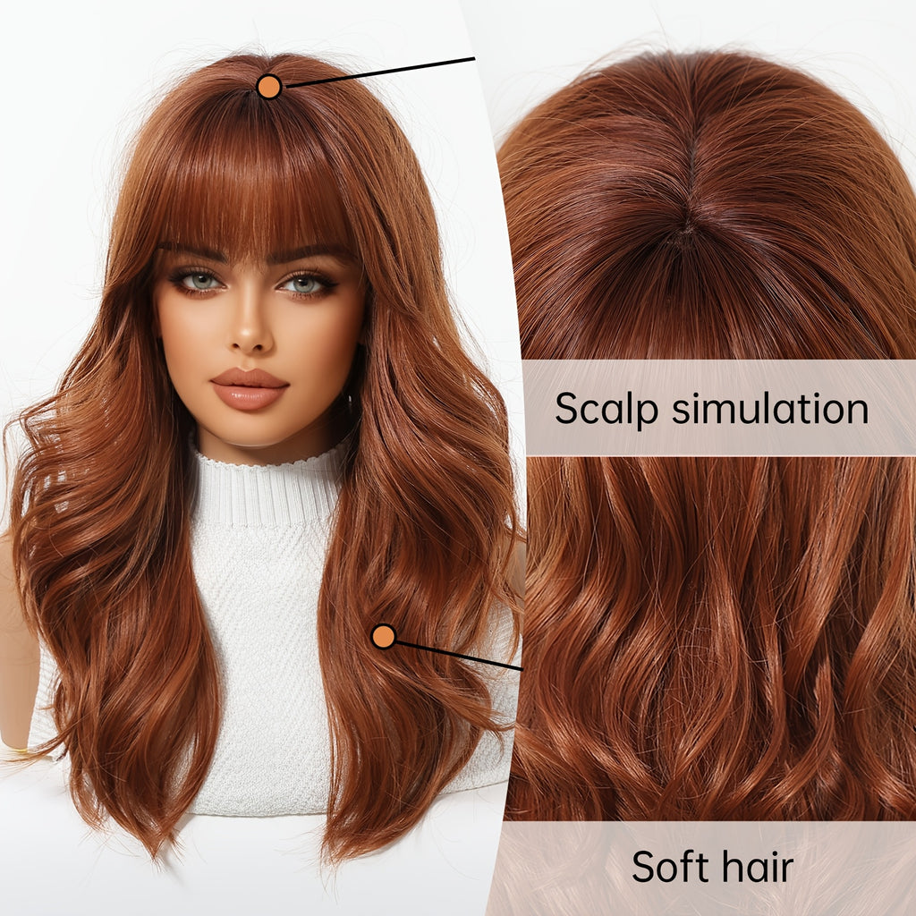 20-inch Women'S Dirty Orange Air Curtain Long Curly Synthetic High-Temperature Fiber Rose Net Full Head Wig | Deep Wave, Playful and Suitable for Work, School, Makeup, and Cosplay, Beginner-Friendly