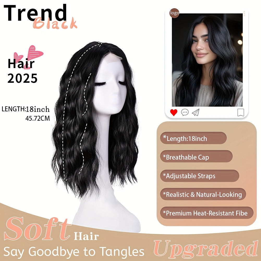 18-Inch Black Wavy Bob Wigs for Women with a Middle Part, Made of Synthetic Lace Front for a, Suitable for Everyday And Party Wear