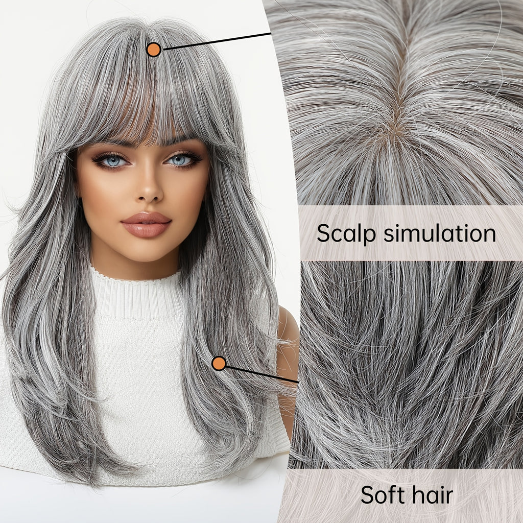 18 Inch Women's Gray Blue Air Bangs Collarbone High-level Synthetic High-temperature Full Head Wig, with A Noble Temperament Suitable for Daily Activities Such As Work And School, Makeup And Makeup, Gatherings, Music Festivals, Etc